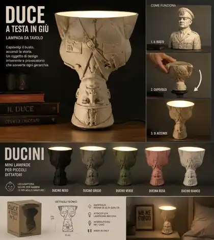 Render concettuale della lampada-scultura satirica A Testa in Giù
